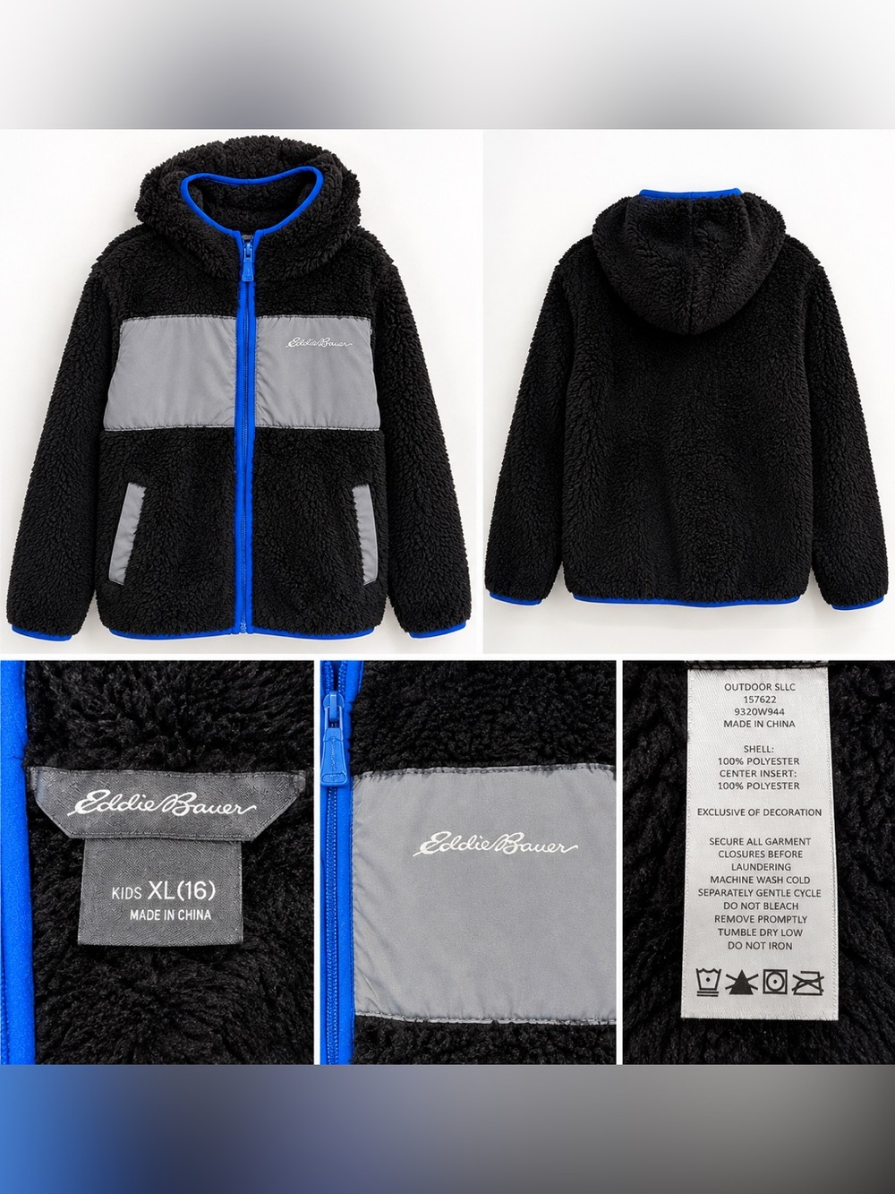 Eddie Bauer Boys Sherpa Fleece Hooded Jacket Black Gray Blue XL 16